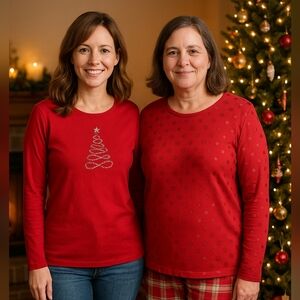 Women’s Holiday Red Long Sleeve Top Bundle XL & L – Christmas Tree Rhinestone